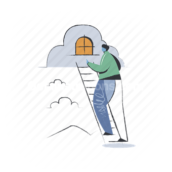 cloud, window, ladder, man